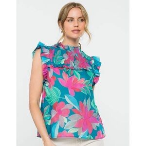 THML Ellie Floral Sleeveless Top - Teal, Blue and Pink